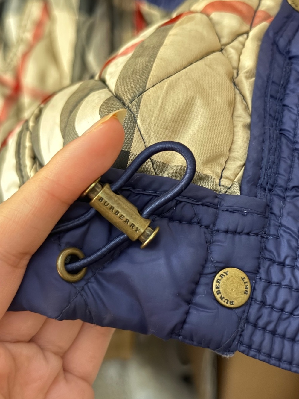 Burberry Navy Long Coat with belt with Plaid Lining - Picture 5 of 5